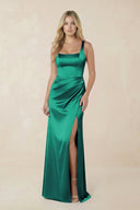 Sheath Square Neck Ruched Satin Bridesmaid Dress in Green - KissProm Bridesmaid Dresses