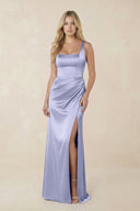 Sheath Square Neck Ruched Satin Bridesmaid Dress in Lavender - KissProm Bridesmaid Dresses