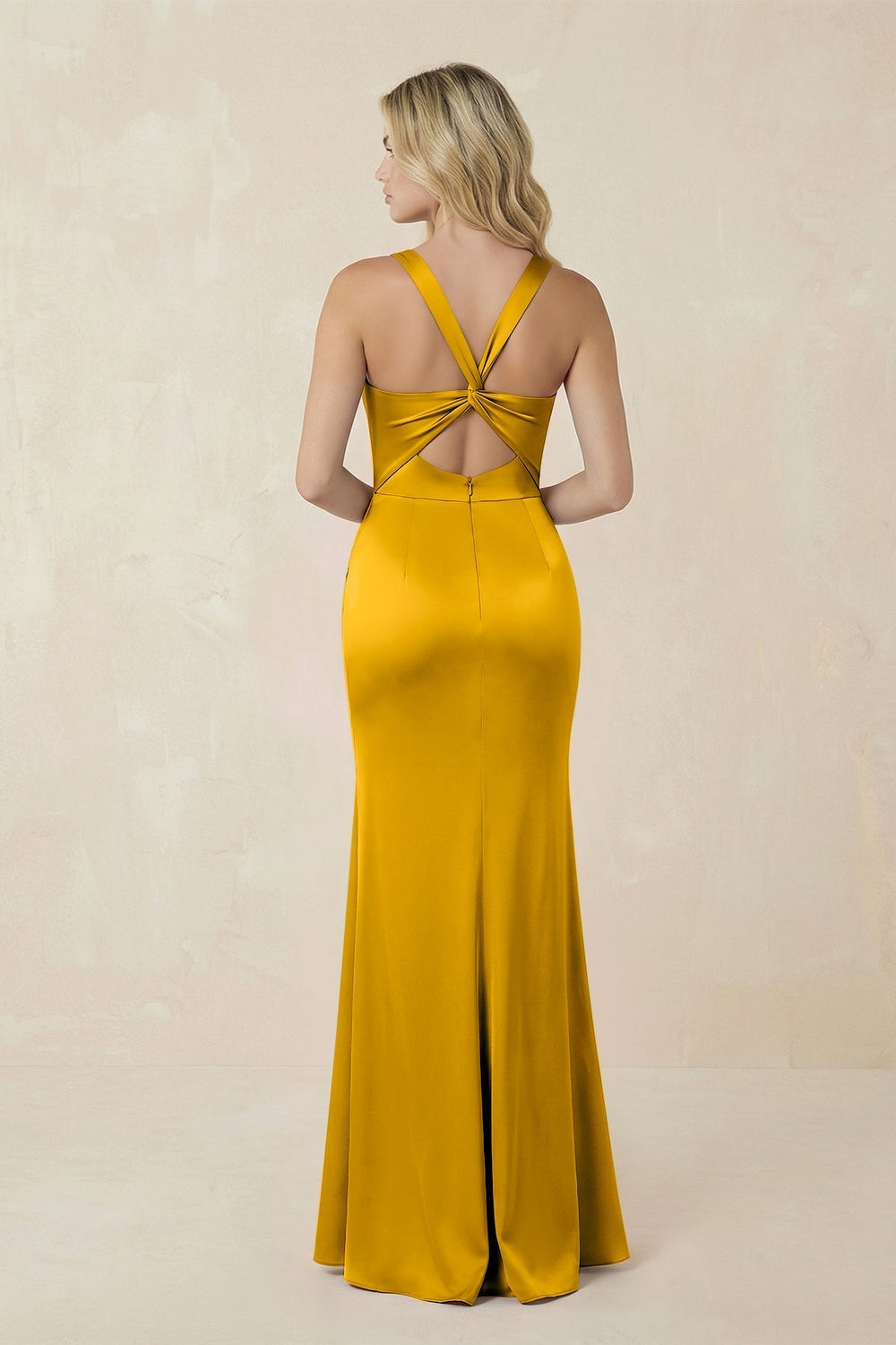 Sheath Square Neck Ruched Satin Bridesmaid Dress in Marigold - KissProm Bridesmaid Dresses