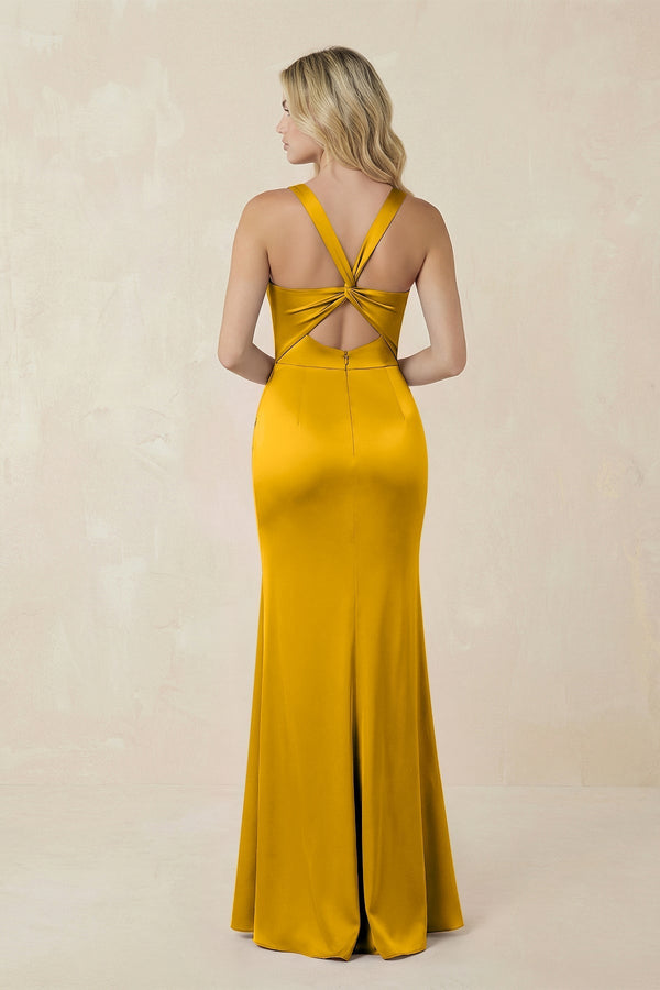 Sheath Square Neck Ruched Satin Bridesmaid Dress in Marigold - KissProm Bridesmaid Dresses
