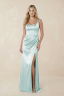 Sheath Square Neck Ruched Satin Bridesmaid Dress in Mist - KissProm Bridesmaid Dresses