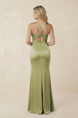 Sheath Square Neck Ruched Satin Bridesmaid Dress in Moss Green - KissProm Bridesmaid Dresses
