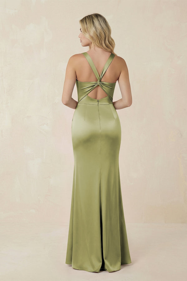 Sheath Square Neck Ruched Satin Bridesmaid Dress in Moss Green - KissProm Bridesmaid Dresses