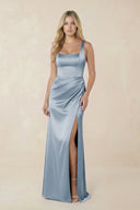 Sheath Square Neck Ruched Satin Bridesmaid Dress in Neptune - KissProm Bridesmaid Dresses