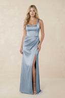 Sheath Square Neck Ruched Satin Bridesmaid Dress in Neptune - KissProm Bridesmaid Dresses