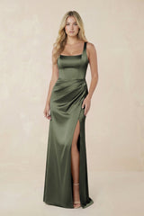 Sheath Square Neck Ruched Satin Bridesmaid Dress in Olive - KissProm Bridesmaid Dresses