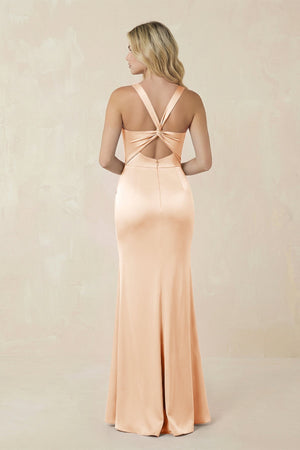 Sheath Square Neck Ruched Satin Bridesmaid Dress in Pale Blush - KissProm Bridesmaid Dresses