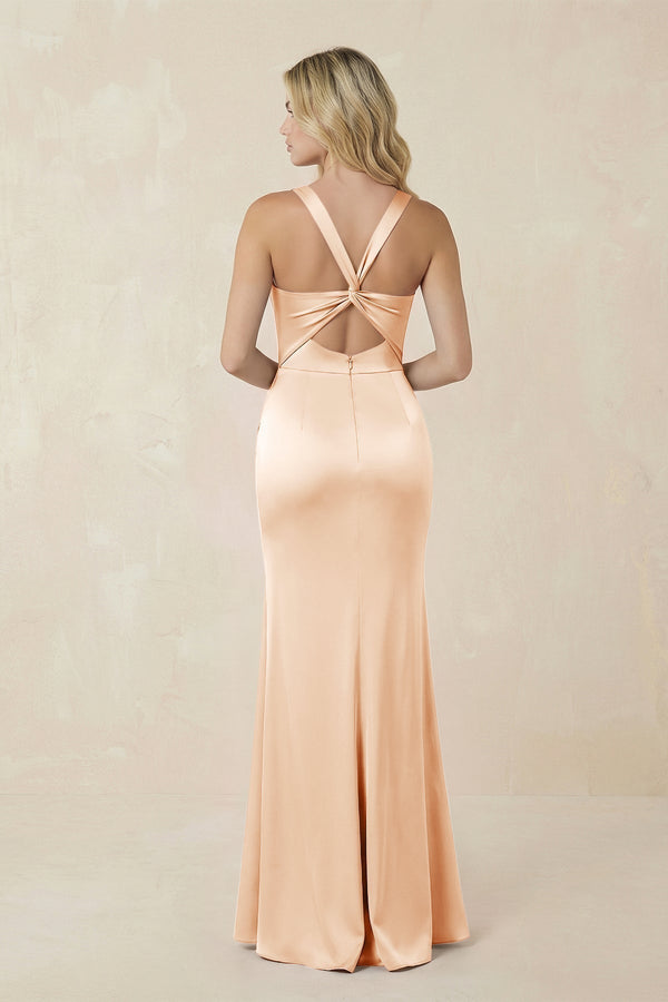 Sheath Square Neck Ruched Satin Bridesmaid Dress in Pale Blush - KissProm Bridesmaid Dresses