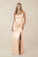 Sheath Square Neck Ruched Satin Bridesmaid Dress in Pale Blush - KissProm Bridesmaid Dresses