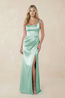 Sheath Square Neck Ruched Satin Bridesmaid Dress in Pale Pistachio - KissProm Bridesmaid Dresses