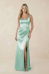 Sheath Square Neck Ruched Satin Bridesmaid Dress in Pale Pistachio - KissProm Bridesmaid Dresses