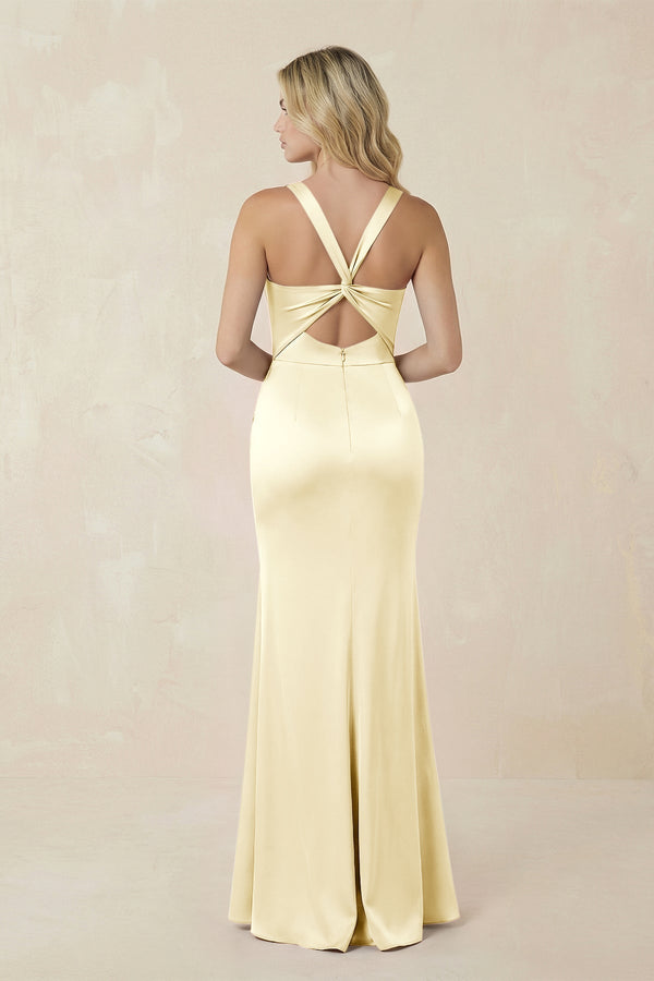 Sheath Square Neck Ruched Satin Bridesmaid Dress in Pastel Yellow - KissProm Bridesmaid Dresses