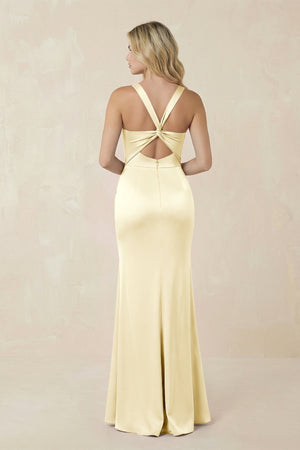 Sheath Square Neck Ruched Satin Bridesmaid Dress in Pastel Yellow - KissProm Bridesmaid Dresses
