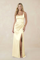 Sheath Square Neck Ruched Satin Bridesmaid Dress in Pastel Yellow - KissProm Bridesmaid Dresses