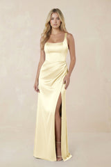 Sheath Square Neck Ruched Satin Bridesmaid Dress in Pastel Yellow - KissProm Bridesmaid Dresses