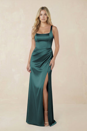 Sheath Square Neck Ruched Satin Bridesmaid Dress in Pine - KissProm Bridesmaid Dresses
