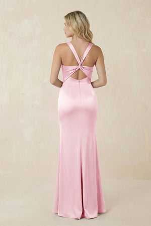 Sheath Square Neck Ruched Satin Bridesmaid Dress in Pink - KissProm Bridesmaid Dresses