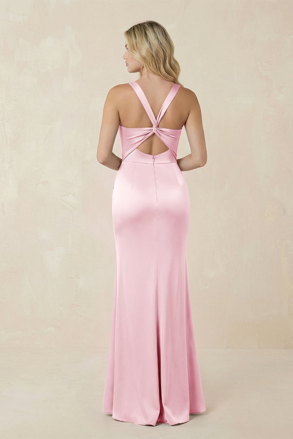 Sheath Square Neck Ruched Satin Bridesmaid Dress in Pink - KissProm Bridesmaid Dresses