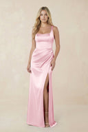 Sheath Square Neck Ruched Satin Bridesmaid Dress in Pink - KissProm Bridesmaid Dresses