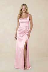 Sheath Square Neck Ruched Satin Bridesmaid Dress in Pink - KissProm Bridesmaid Dresses