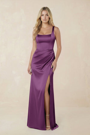 Sheath Square Neck Ruched Satin Bridesmaid Dress in Plum - KissProm Bridesmaid Dresses