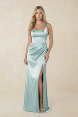 Sheath Square Neck Ruched Satin Bridesmaid Dress in Sage - KissProm Bridesmaid Dresses