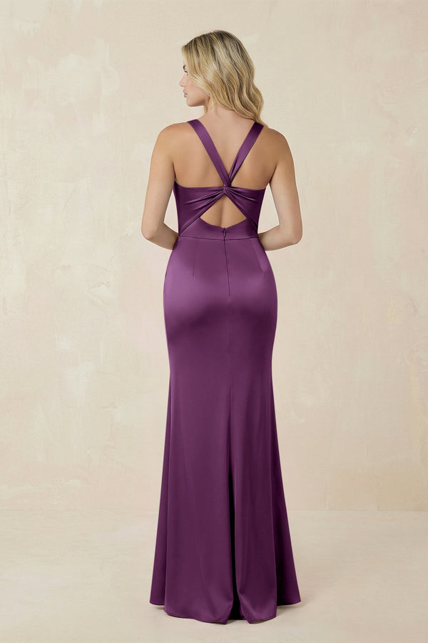 Sheath Square Neck Ruched Satin Bridesmaid Dress in Sangria - KissProm Bridesmaid Dresses
