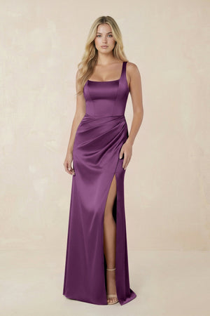 Sheath Square Neck Ruched Satin Bridesmaid Dress in Sangria - KissProm Bridesmaid Dresses