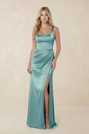 Sheath Square Neck Ruched Satin Bridesmaid Dress in Sea Glass - KissProm Bridesmaid Dresses