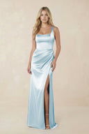 Sheath Square Neck Ruched Satin Bridesmaid Dress in Sky Blue - KissProm Bridesmaid Dresses