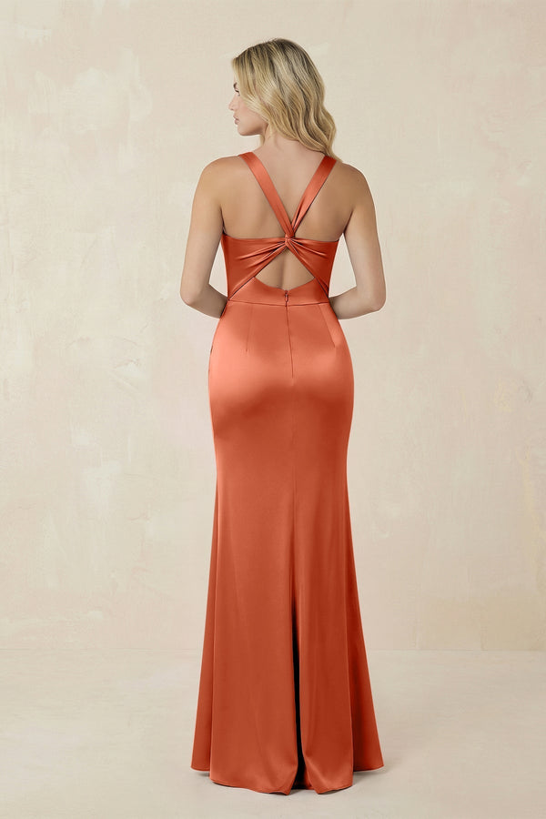 Sheath Square Neck Ruched Satin Bridesmaid Dress in Terracotta - KissProm Bridesmaid Dresses
