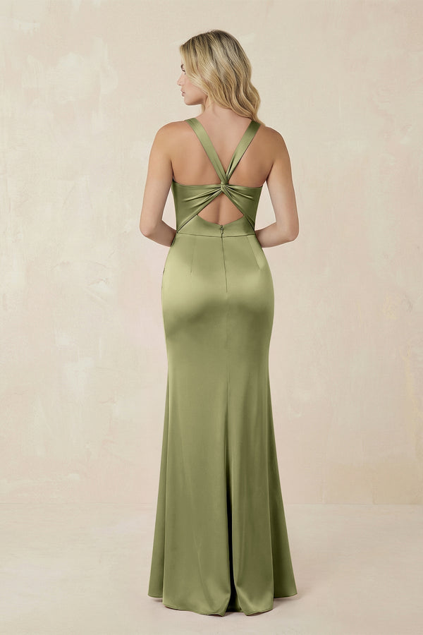 Sheath Square Neck Ruched Satin Bridesmaid Dress in Thyme - KissProm Bridesmaid Dresses