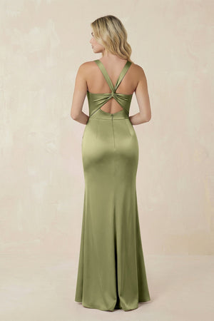 Sheath Square Neck Ruched Satin Bridesmaid Dress in Thyme - KissProm Bridesmaid Dresses