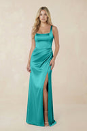 Sheath Square Neck Ruched Satin Bridesmaid Dress in Turquoise - KissProm Bridesmaid Dresses