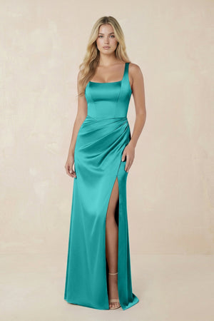 Sheath Square Neck Ruched Satin Bridesmaid Dress in Turquoise - KissProm Bridesmaid Dresses
