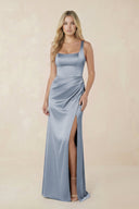 Sheath Square Neck Ruched Satin Bridesmaid Dress in Twilight - KissProm Bridesmaid Dresses