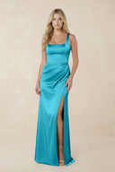Sheath Square Neck Ruched Satin Bridesmaid Dress in Viridian Green - KissProm Bridesmaid Dresses