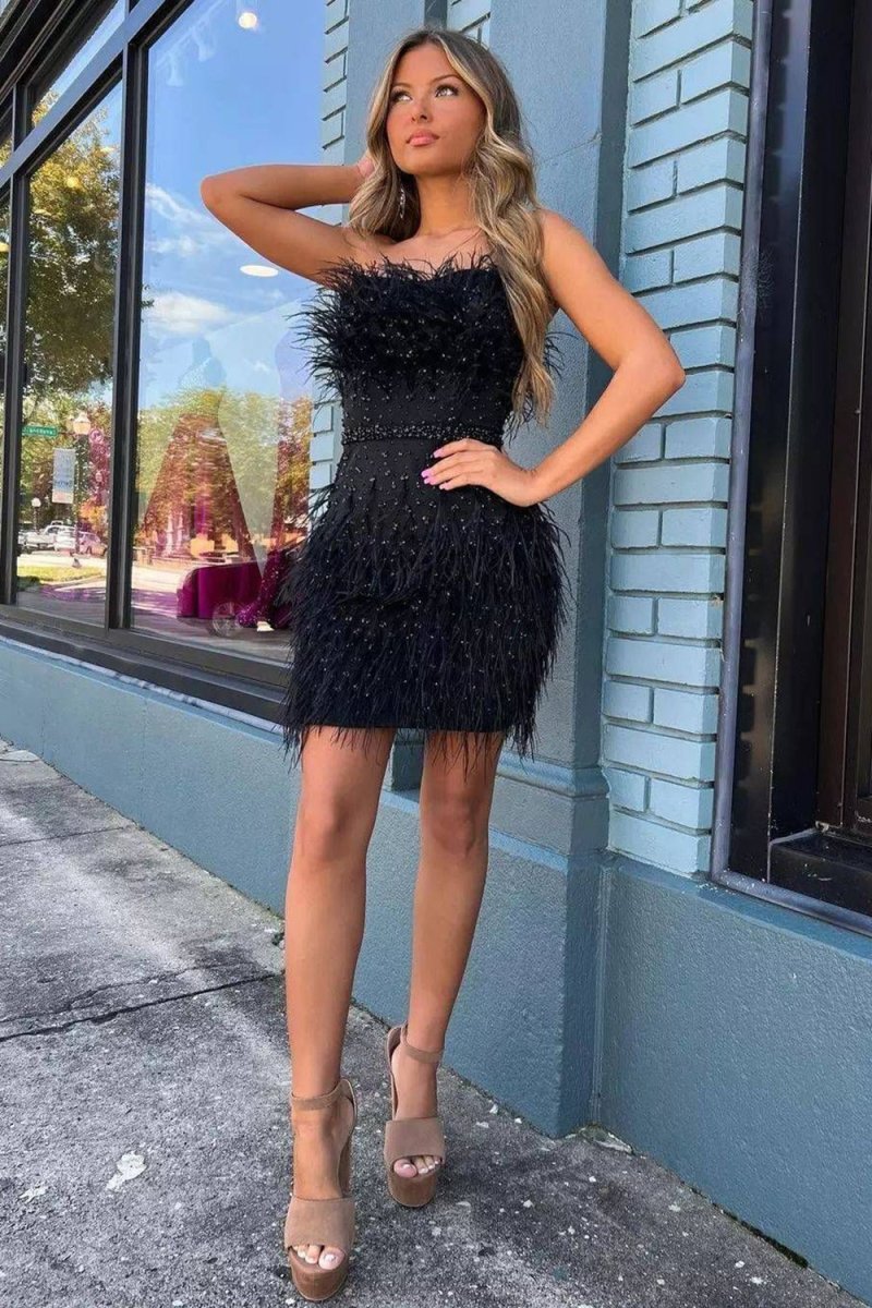 Sheath Strapless Hot Pink Feathers Short Homecoming Dress with Beaded Belt, Blue / 00 Sheath Strapless Hot Pink Feathers Short Homecoming Dress with Beaded Belt, Blue / 00