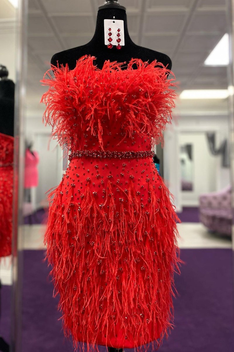Moana | Sheath Strapless Hot Pink Feathers Short Homecoming Dress with Beaded Belt