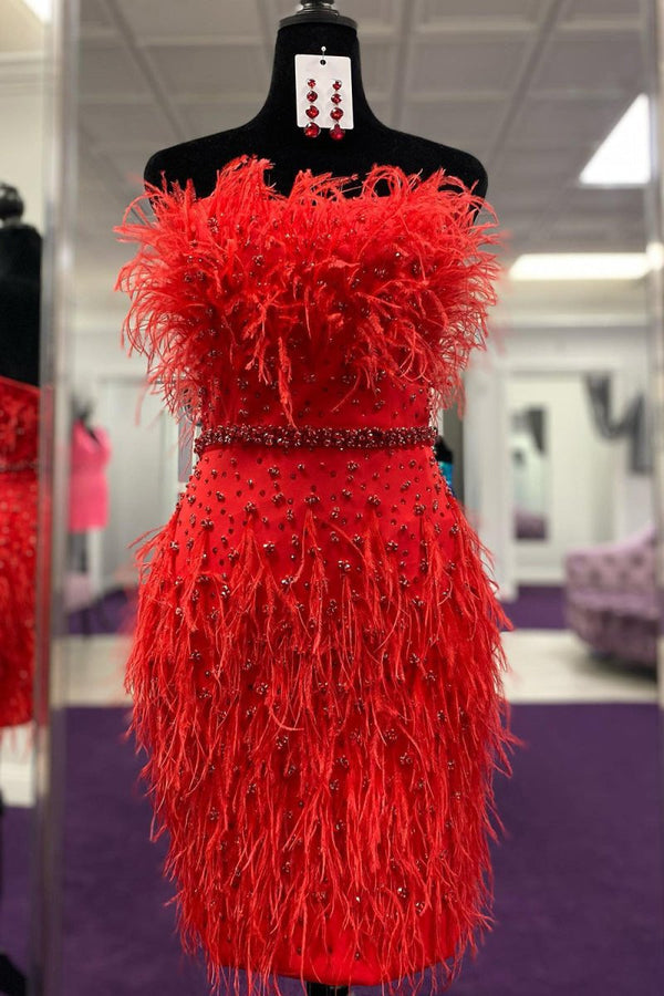 Moana | Sheath Strapless Hot Pink Feathers Short Homecoming Dress with Beaded Belt