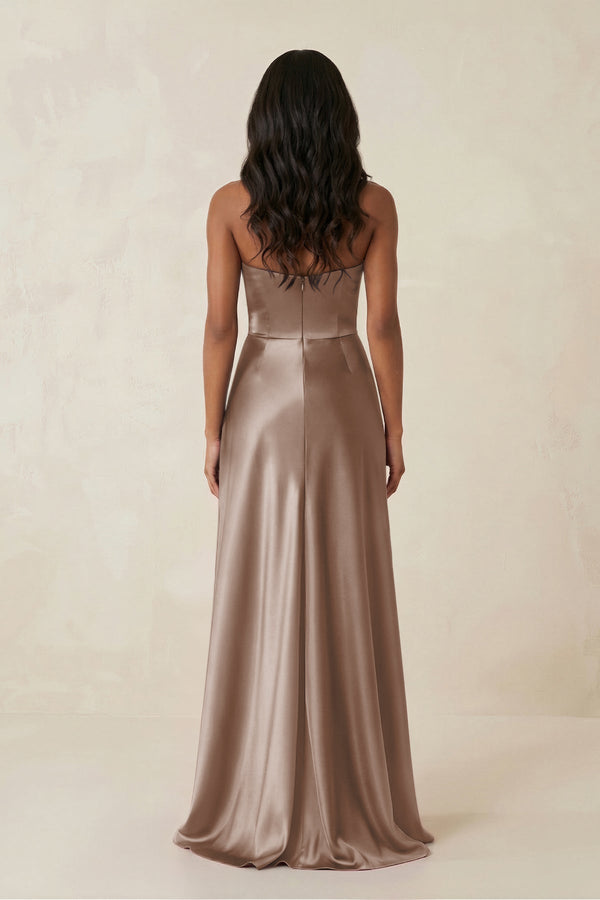Sheath Strapless Ruffled Satin Bridesmaid Dress in Almond - KissProm Bridesmaid Dresses
