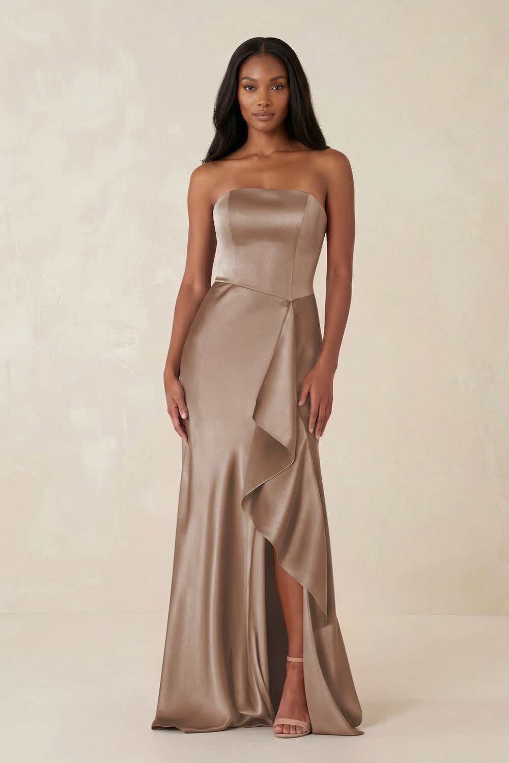 Sheath Strapless Ruffled Satin Bridesmaid Dress in Almond - KissProm Bridesmaid Dresses