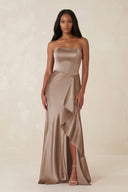 Sheath Strapless Ruffled Satin Bridesmaid Dress in Almond - KissProm Bridesmaid Dresses