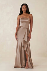 Sheath Strapless Ruffled Satin Bridesmaid Dress in Almond - KissProm Bridesmaid Dresses