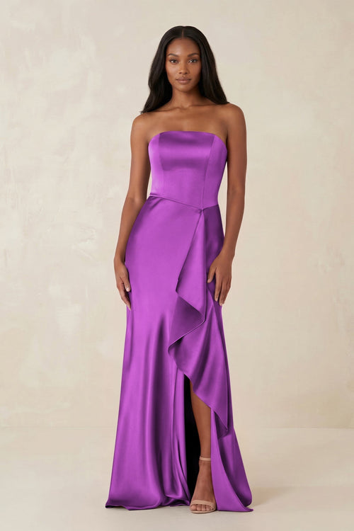 Sheath Strapless Ruffled Satin Bridesmaid Dress in Amethyst - KissProm Bridesmaid Dresses