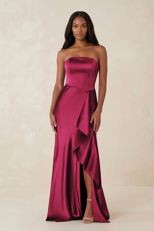 Sheath Strapless Ruffled Satin Bridesmaid Dress in Berry - KissProm Bridesmaid Dresses