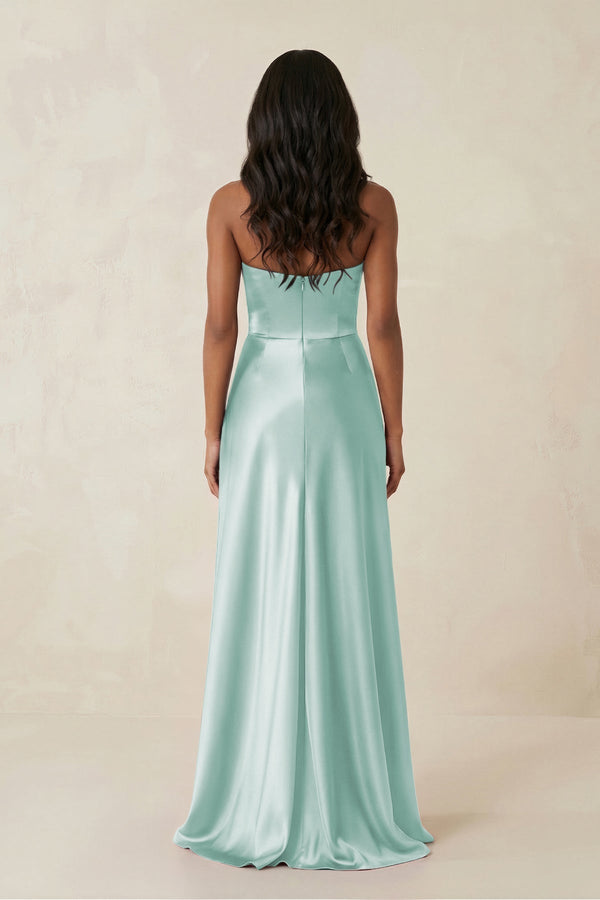 Sheath Strapless Ruffled Satin Bridesmaid Dress in Bleached Aqua - KissProm Bridesmaid Dresses