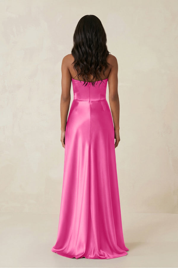 Sheath Strapless Ruffled Satin Bridesmaid Dress in Bon Bon Pink - KissProm Bridesmaid Dresses