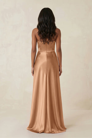 Sheath Strapless Ruffled Satin Bridesmaid Dress in Bronzer - KissProm Bridesmaid Dresses