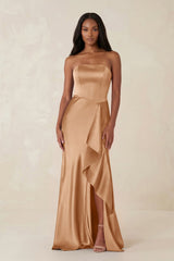 Sheath Strapless Ruffled Satin Bridesmaid Dress in Bronzer - KissProm Bridesmaid Dresses